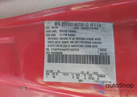 2000 Ford Mustang from USA, damaged, VIN 1FAFP4446YF100922